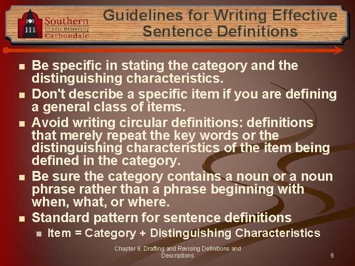 Guidelines for Writing Effective Sentence Definitions n n n Be specific in stating the
