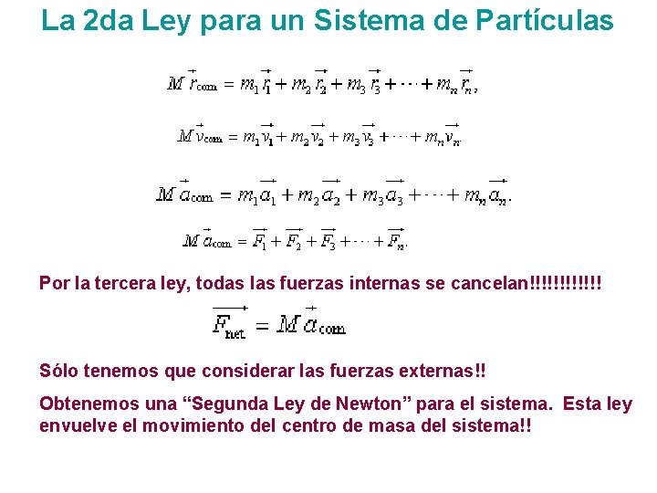 La 2 da Ley para un Sistema de Partículas Por la tercera ley, todas