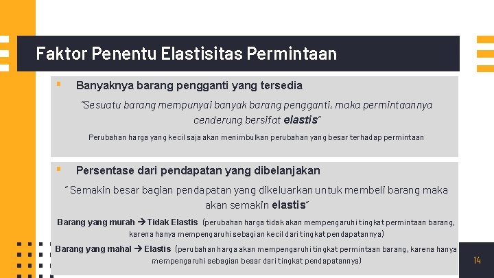 Faktor Penentu Elastisitas Permintaan ▪ Banyaknya barang pengganti yang tersedia ”Sesuatu barang mempunyai banyak