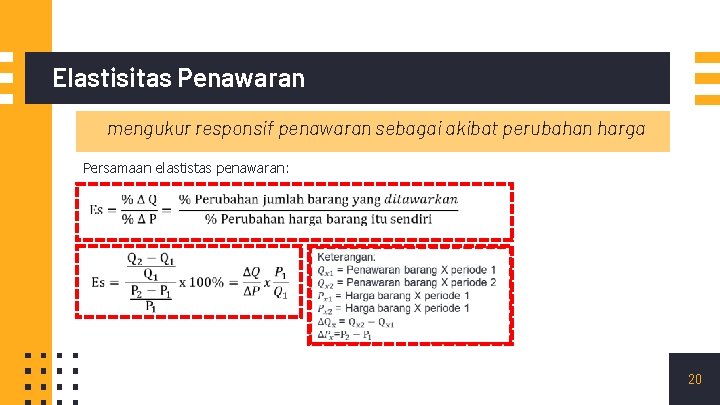 Elastisitas Penawaran mengukur responsif penawaran sebagai akibat perubahan harga Persamaan elastistas penawaran: 20 