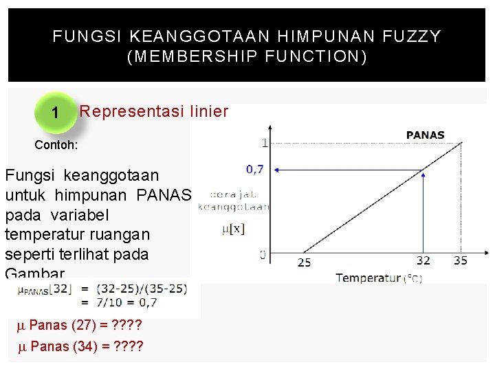 FUNGSI KEANGGOTAAN HIMPUNAN FUZZY (MEMBERSHIP FUNCTION) 11. Representasi linier Contoh: Fungsi keanggotaan untuk himpunan