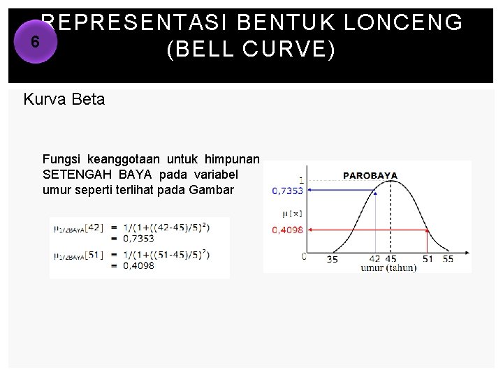 REPRESENTASI BENTUK LONCENG 6 (BELL CURVE) Kurva Beta Fungsi keanggotaan untuk himpunan SETENGAH BAYA