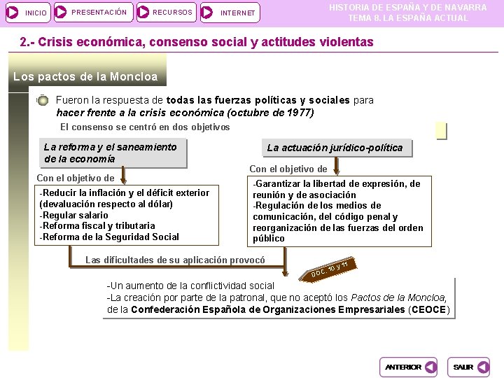 INICIO PRESENTACIÓN RECURSOS HISTORIA DE ESPAÑA Y DE NAVARRA TEMA 8. LA ESPAÑA ACTUAL INICIO PRESENTACIÓN RECURSOS HISTORIA DE ESPAÑA Y DE NAVARRA TEMA 8. LA ESPAÑA ACTUAL