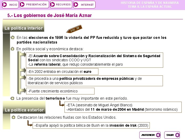 INICIO PRESENTACIÓN RECURSOS INTERNET HISTORIA DE ESPAÑA Y DE NAVARRA TEMA 8. LA ESPAÑA INICIO PRESENTACIÓN RECURSOS INTERNET HISTORIA DE ESPAÑA Y DE NAVARRA TEMA 8. LA ESPAÑA