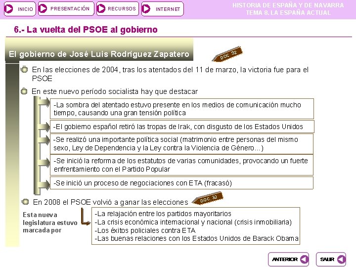 INICIO PRESENTACIÓN RECURSOS HISTORIA DE ESPAÑA Y DE NAVARRA TEMA 8. LA ESPAÑA ACTUAL INICIO PRESENTACIÓN RECURSOS HISTORIA DE ESPAÑA Y DE NAVARRA TEMA 8. LA ESPAÑA ACTUAL