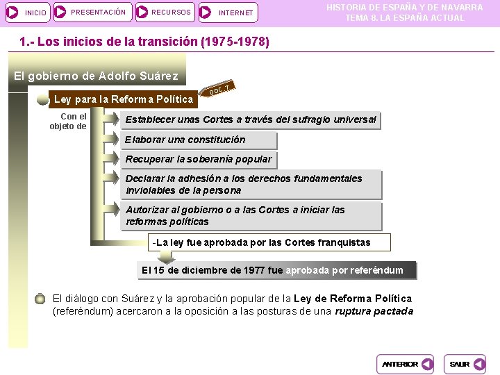 INICIO PRESENTACIÓN RECURSOS INTERNET HISTORIA DE ESPAÑA Y DE NAVARRA TEMA 8. LA ESPAÑA INICIO PRESENTACIÓN RECURSOS INTERNET HISTORIA DE ESPAÑA Y DE NAVARRA TEMA 8. LA ESPAÑA