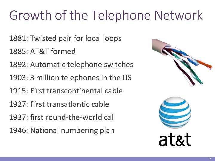 Growth of the Telephone Network 1881: Twisted pair for local loops 1885: AT&T formed