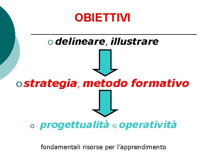 OBIETTIVI ¡ delineare, ¡ strategia, ¡ illustrare metodo formativo progettualità e operatività fondamentali risorse