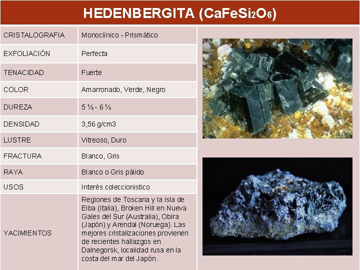 HEDENBERGITA (Ca. Fe. Si 2 O 6) CRISTALOGRAFIA Monoclínico - Prismático EXFOLIACIÓN Perfecta TENACIDAD