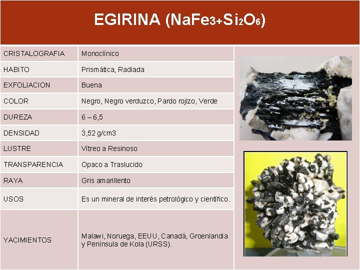 EGIRINA (Na. Fe 3+Si 2 O 6) CRISTALOGRAFIA Monoclínico HABITO Prismática, Radiada EXFOLIACION Buena