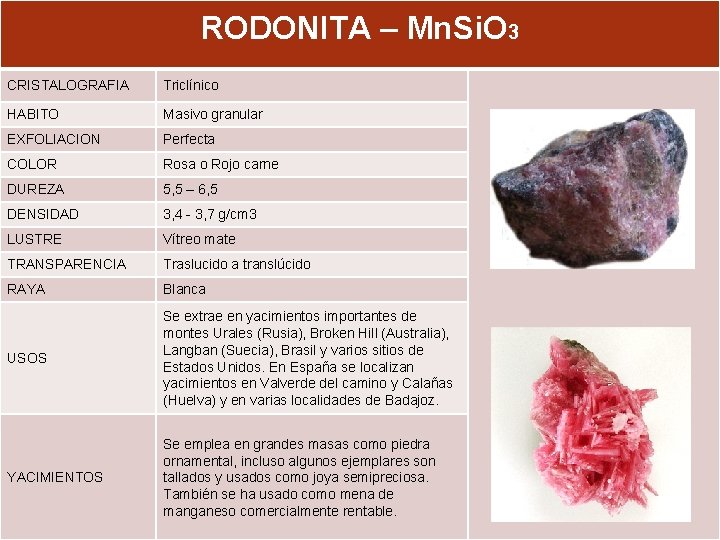 RODONITA – Mn. Si. O 3 CRISTALOGRAFIA Triclínico HABITO Masivo granular EXFOLIACION Perfecta COLOR