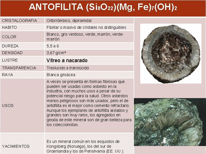 ANTOFILITA (Si 8 O 22)(Mg, Fe)7(OH)2 CRISTALOGRAFIA Ortorrómbico, dipiramidal HABITO Fibrilar o masivo de