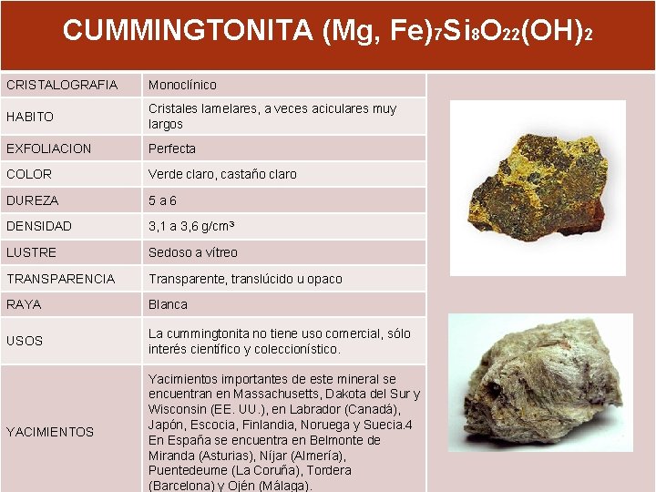 CUMMINGTONITA (Mg, Fe)7 Si 8 O 22(OH)2 CRISTALOGRAFIA Monoclínico HABITO Cristales lamelares, a veces