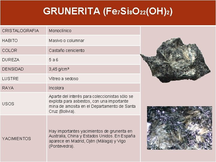 GRUNERITA (Fe 7 Si 8 O 22(OH)2) CRISTALOGRAFIA Monoclínico HABITO Masivo o columnar COLOR