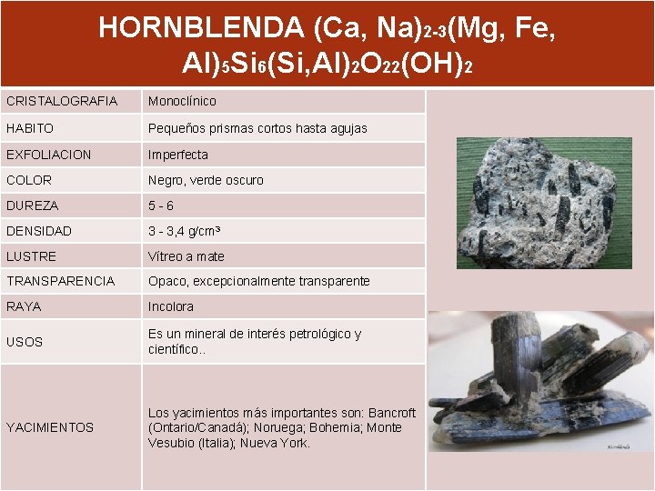 HORNBLENDA (Ca, Na)2 -3(Mg, Fe, Al)5 Si 6(Si, Al)2 O 22(OH)2 CRISTALOGRAFIA Monoclínico HABITO