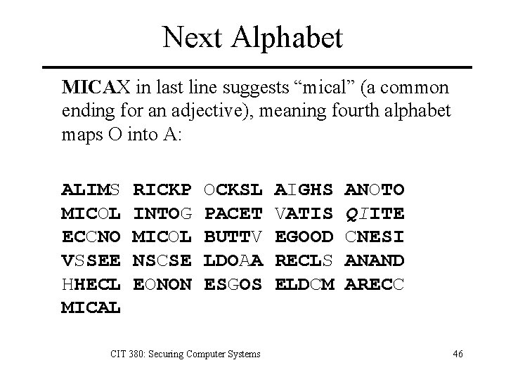 Next Alphabet MICAX in last line suggests “mical” (a common ending for an adjective),