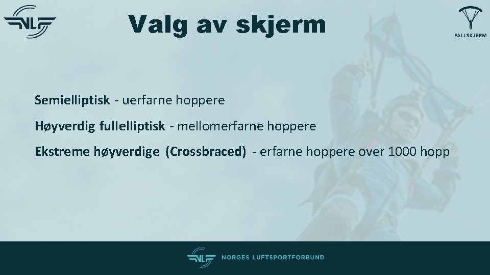 Valg av skjerm Semielliptisk - uerfarne hoppere Høyverdig fullelliptisk - mellomerfarne hoppere Ekstreme høyverdige Valg av skjerm Semielliptisk - uerfarne hoppere Høyverdig fullelliptisk - mellomerfarne hoppere Ekstreme høyverdige