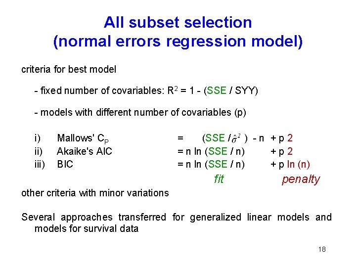 All subset selection (normal errors regression model) criteria for best model - fixed number