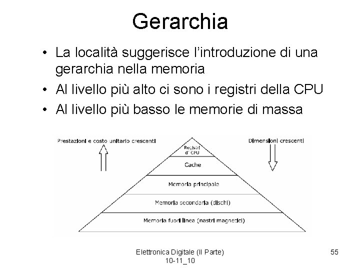 Gerarchia • La località suggerisce l’introduzione di una gerarchia nella memoria • Al livello