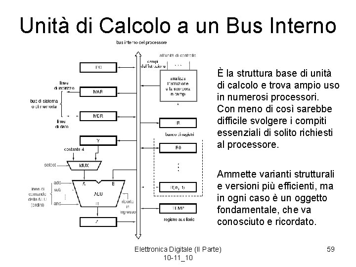 Unità di Calcolo a un Bus Interno È la struttura base di unità di