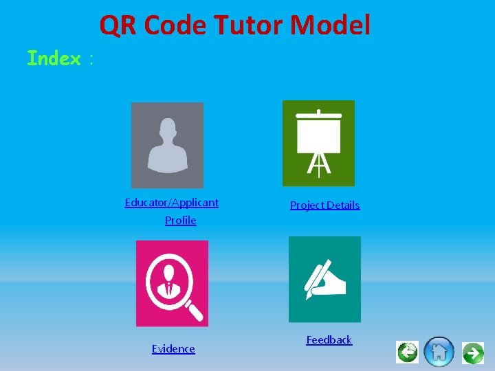 QR Code Tutor Model Index : Educator/Applicant Project Details Profile Evidence Feedback 