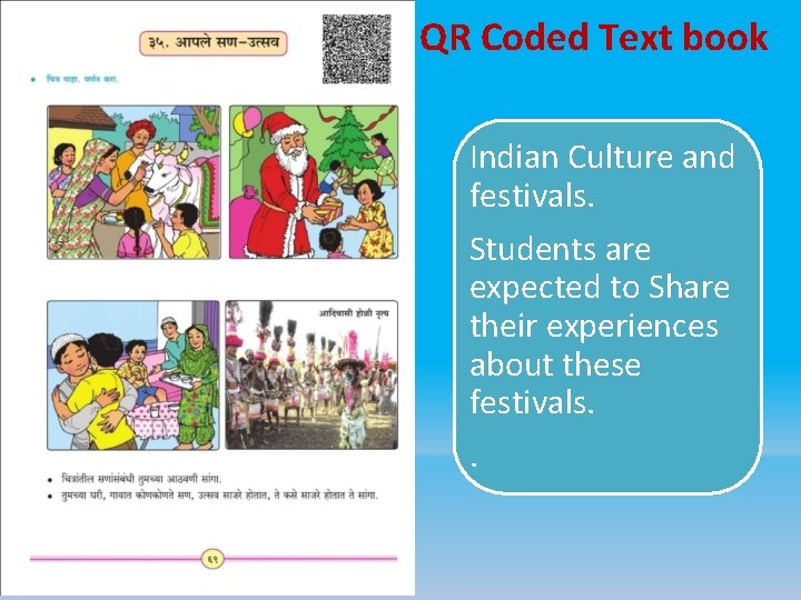 QR Coded Text book Indian Culture and festivals. Students are expected to Share their