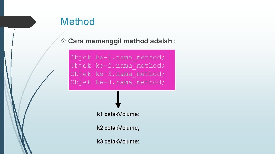 Method Cara memanggil method adalah : Objek ke-1. nama_method; ke-2. nama_method; ke-3. nama_method; ke-4.