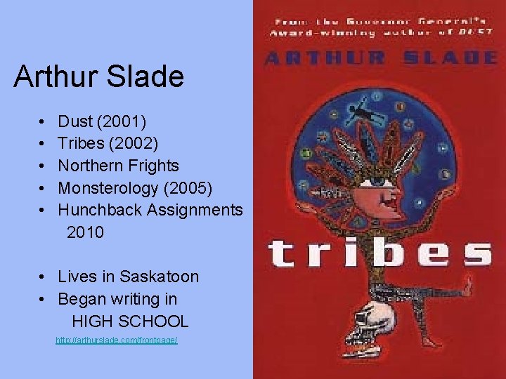Arthur Slade • • • Dust (2001) Tribes (2002) Northern Frights Monsterology (2005) Hunchback