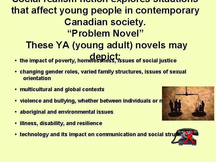 Social realism fiction explores situations that affect young people in contemporary Canadian society. “Problem