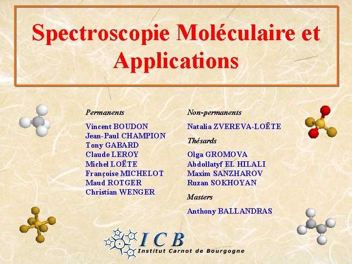 Spectroscopie Moléculaire et Applications Permanents Non-permanents Vincent BOUDON Jean-Paul CHAMPION Tony GABARD Claude LEROY