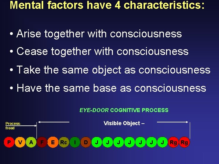 Mental factors have 4 characteristics: • Arise together with consciousness • Cease together with