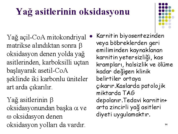 Yağ asitlerinin oksidasyonu Yağ açil-Co. A mitokondriyal l matrikse alındıktan sonra oksidasyon denen yolda Yağ asitlerinin oksidasyonu Yağ açil-Co. A mitokondriyal l matrikse alındıktan sonra oksidasyon denen yolda