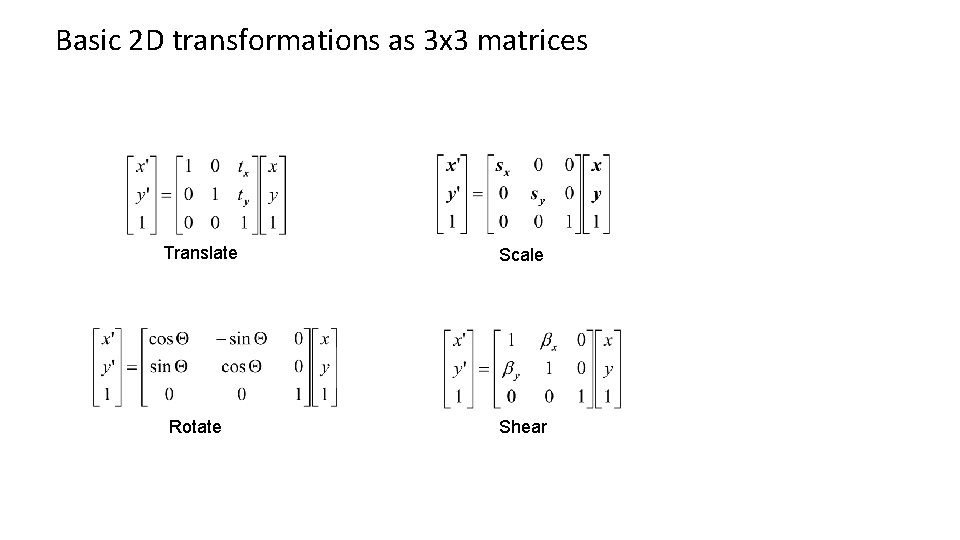 Basic 2 D transformations as 3 x 3 matrices Translate Scale Rotate Shear 