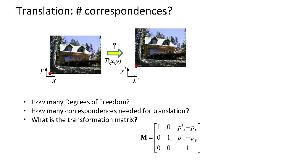 Translation: # correspondences? ? T(x, y) y’ y x x’ • How many Degrees