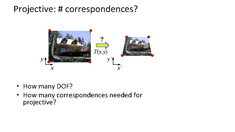 Projective: # correspondences? ? T(x, y) y’ y x x’ • How many DOF?