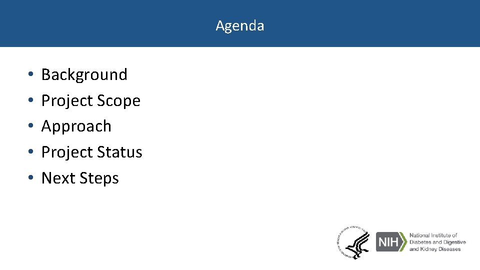 Agenda • • • Background Project Scope Approach Project Status Next Steps 