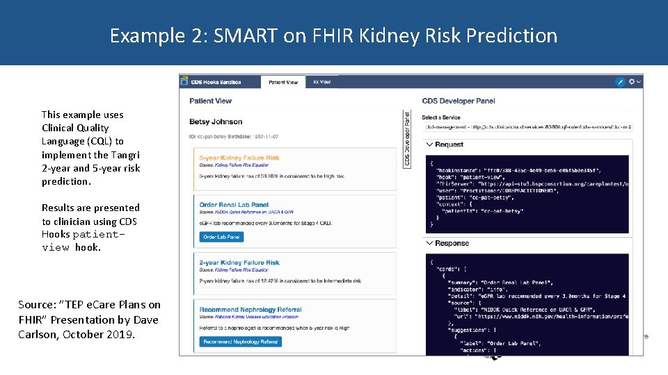 Example 2: SMART on FHIR Kidney Risk Prediction This example uses Clinical Quality Language