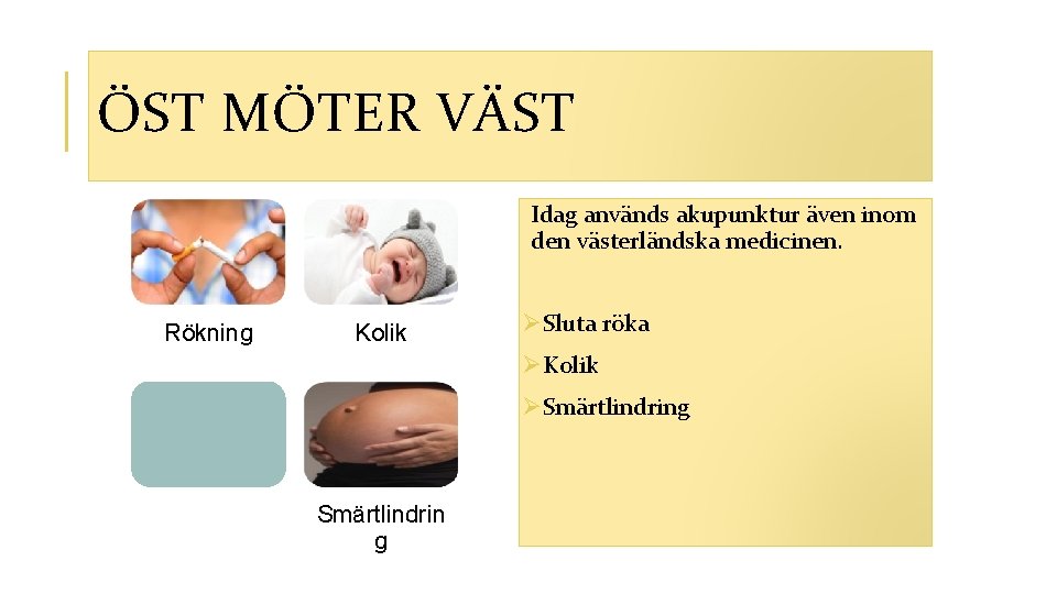 ÖST MÖTER VÄST Idag används akupunktur även inom den västerländska medicinen. Rökning Kolik ØSluta