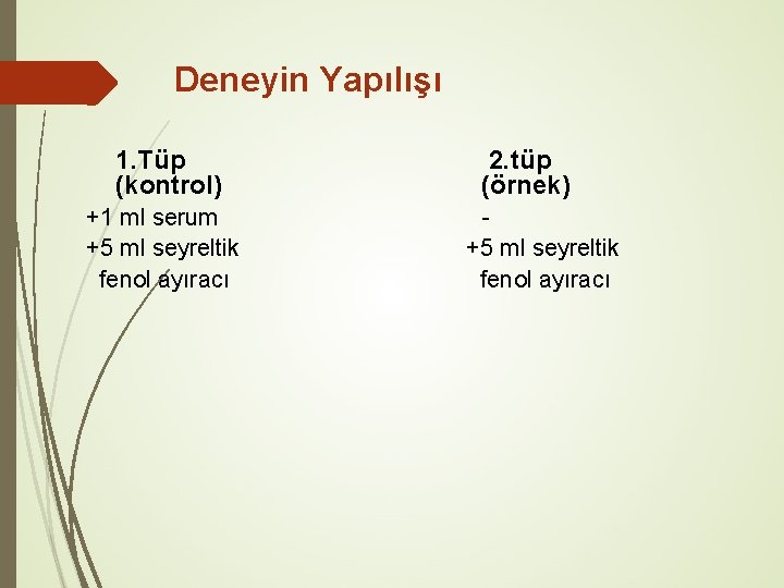 Deneyin Yapılışı 1. Tüp (kontrol) 2. tüp (örnek) +1 ml serum +5 ml seyreltik