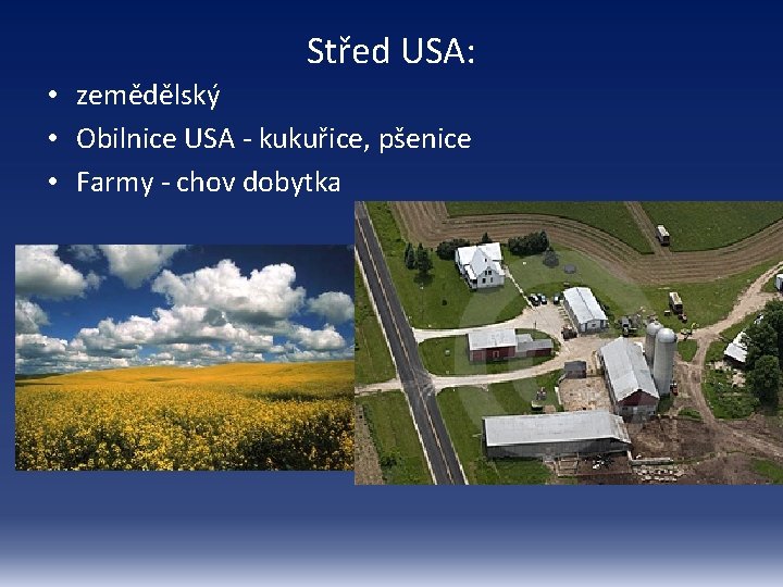 Střed USA: • zemědělský • Obilnice USA - kukuřice, pšenice • Farmy - chov