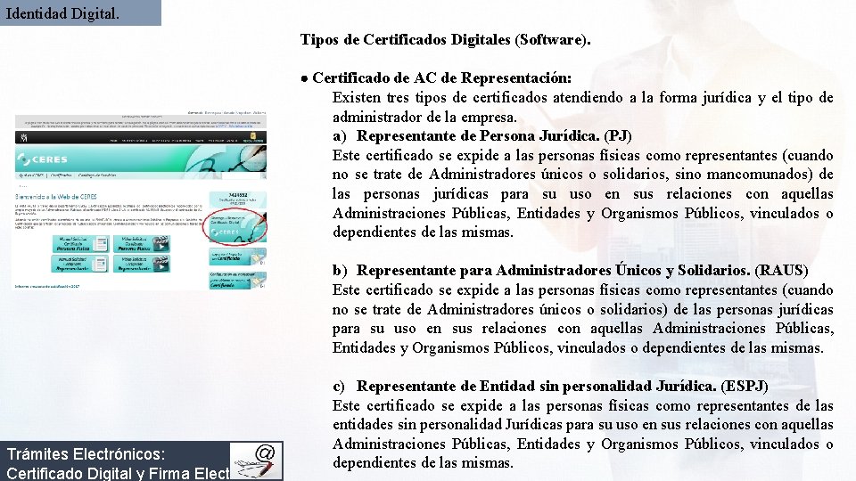 Identidad Digital. Tipos de Certificados Digitales (Software). Certificado de AC de Representación: Existen tres