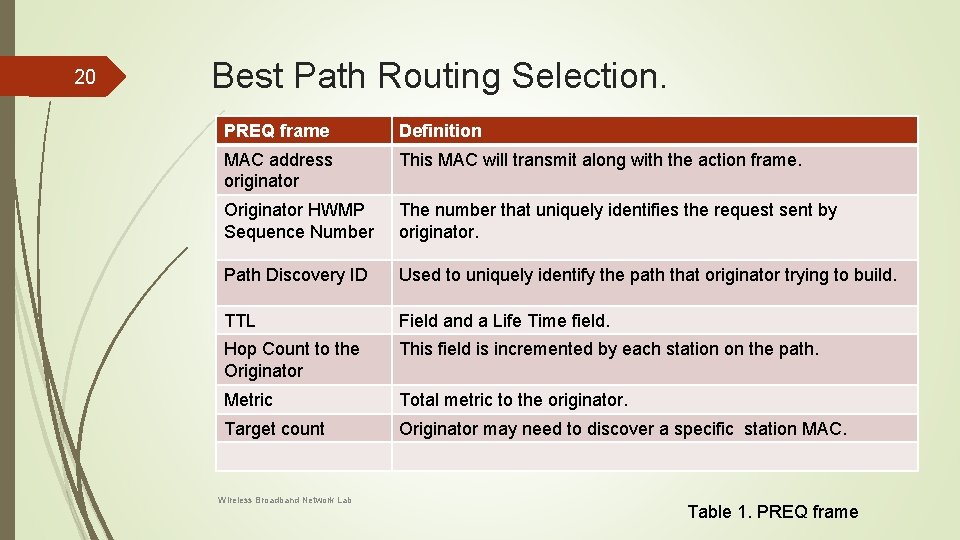 20 Best Path Routing Selection. PREQ frame Definition MAC address originator This MAC will 20 Best Path Routing Selection. PREQ frame Definition MAC address originator This MAC will