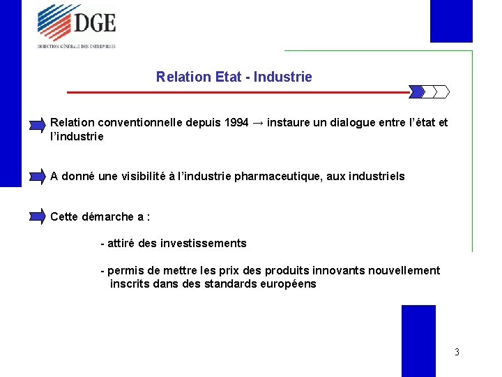 Relation Etat - Industrie Relation conventionnelle depuis 1994 → instaure un dialogue entre l’état