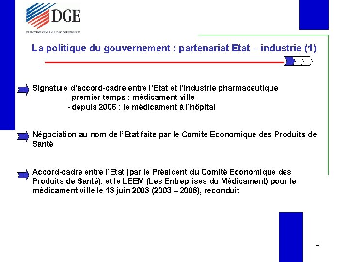 La politique du gouvernement : partenariat Etat – industrie (1) Signature d’accord-cadre entre l’Etat