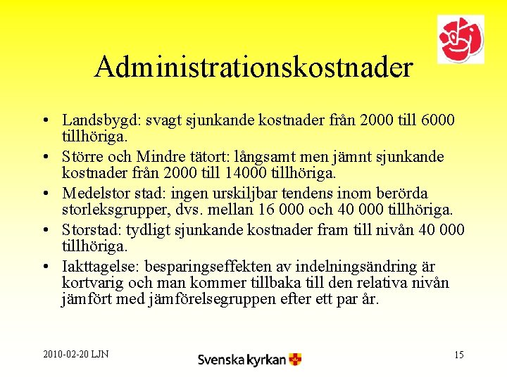 Administrationskostnader • Landsbygd: svagt sjunkande kostnader från 2000 till 6000 tillhöriga. • Större och