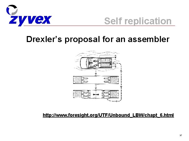 Self replication Drexler’s proposal for an assembler http: //www. foresight. org/UTF/Unbound_LBW/chapt_6. html 37 