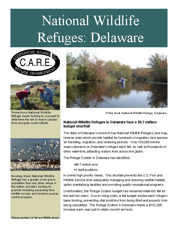 National Wildlife Refuges: Delaware Funding Crisis Prime Hook National Wildlife Refuge needs funding for National Wildlife Refuges: Delaware Funding Crisis Prime Hook National Wildlife Refuge needs funding for