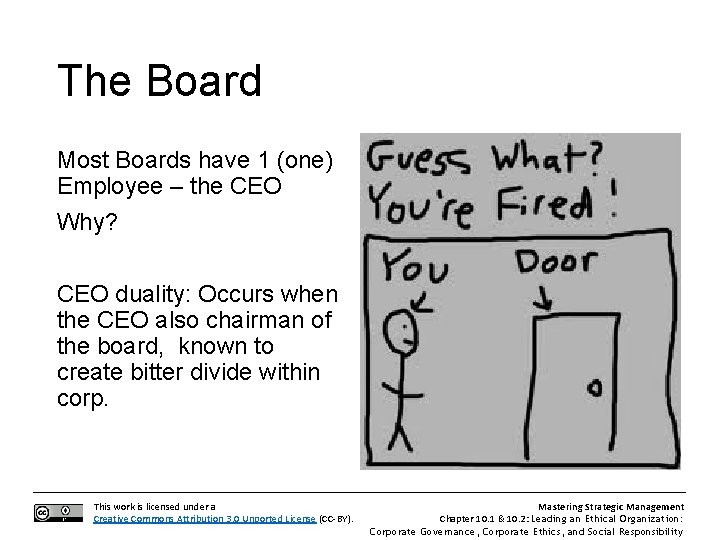 The Board Most Boards have 1 (one) Employee – the CEO Why? CEO duality: