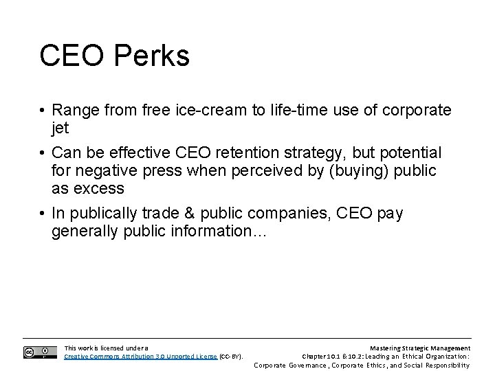 CEO Perks • Range from free ice-cream to life-time use of corporate jet •