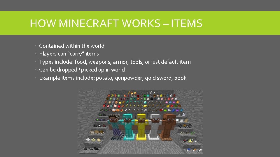 HOW MINECRAFT WORKS – ITEMS Contained within the world Players can “carry” items Types